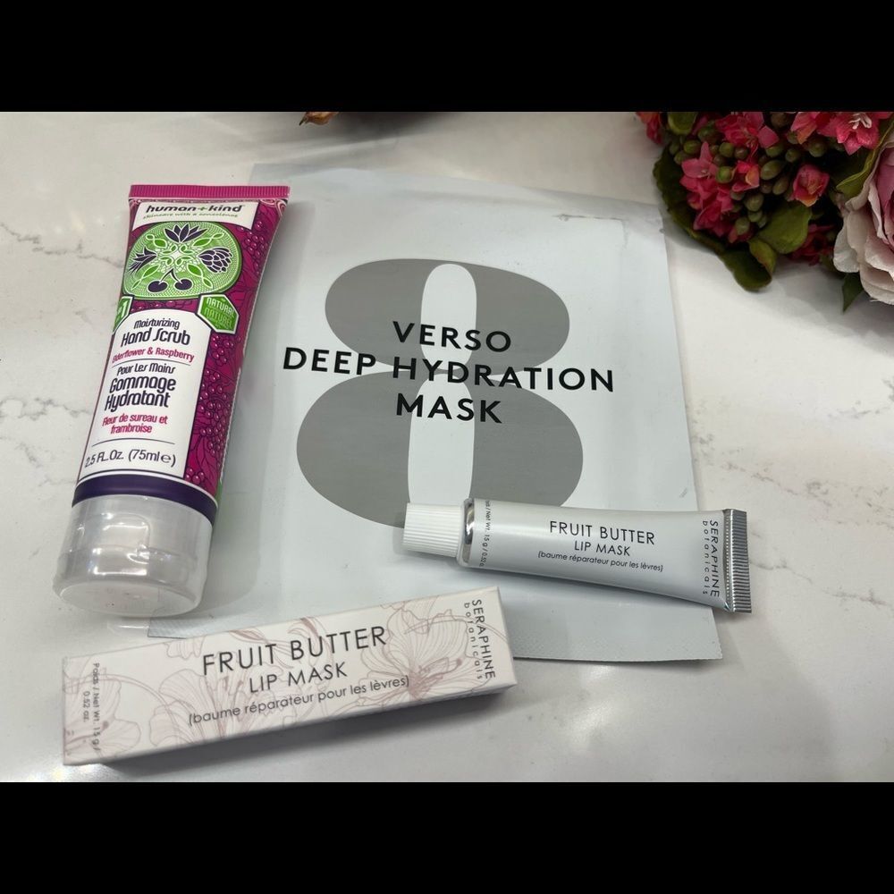 NWT Beauty Box Hydration Spa At Home Human+ Kind Hand Scrub, Seraphine Lip Mask